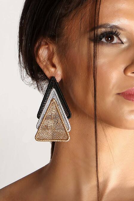Vaidaan_Gold Plated Embroidery Trinity Earrings _Online_at_Aza_Fashions