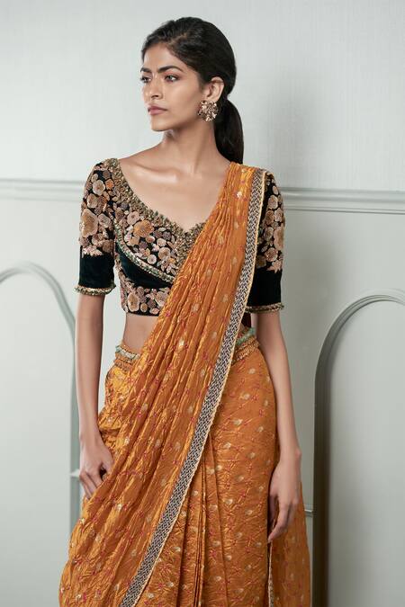 Qbik_Yellow 40 Grams Banarasi Silk Embroidery Leaf Neck Pre-draped Saree With Blouse_Online_at_Aza_Fashions