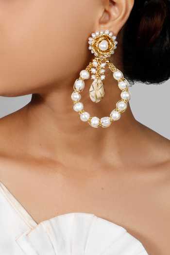 Shop Vaidaan Gold Plated Pearls, Brooches Sarika Dangler Earrings at Aza Fashions Shop_Vaidaan_Gold Plated Pearls, Brooches Sarika Dangler Earrings _at_Aza_Fashions