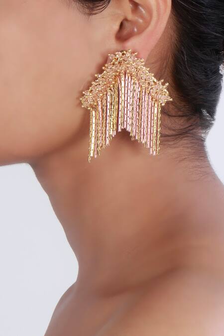 Vaidaan Gold Plated Beads, Stones Lily Drop Danglers Online at Aza Fashions Vaidaan_Gold Plated Beads, Stones Lily Drop Danglers _Online_at_Aza_Fashions