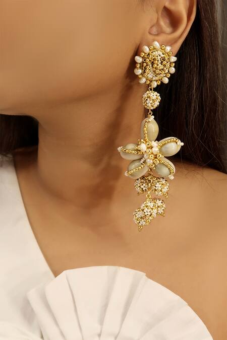 Vaidaan Gold Plated Pearls Predha Seashell Drop Earrings 3