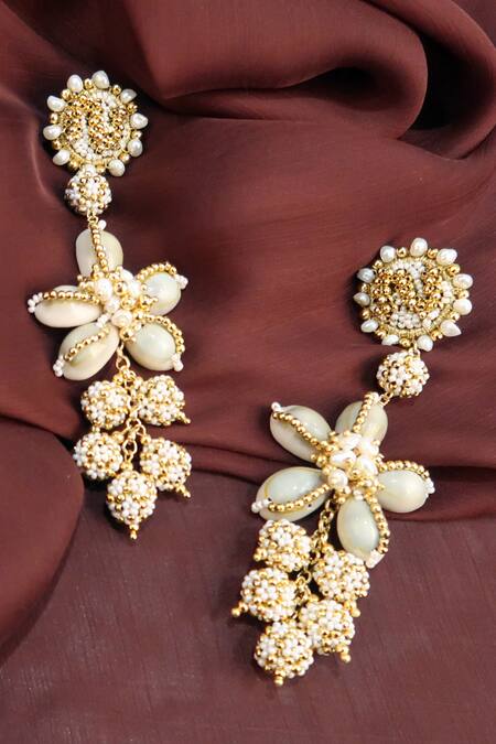 Vaidaan Gold Plated Pearls Predha Seashell Drop Earrings 4
