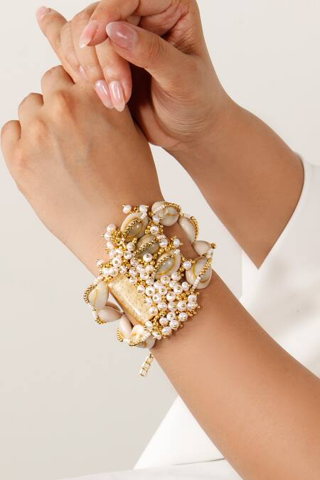 Shop_Vaidaan_Gold Plated Stones Prisha Pearl Embellished Bracelet_Online_at_Aza_Fashions