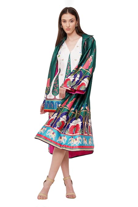Limerick By Abirr N' Nanki_Green Habutai Silk Floral, Moroccan Open Valentia Print Jacket _Online_at_Aza_Fashions