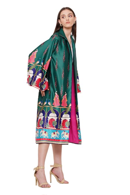 Buy_Limerick By Abirr N' Nanki_Green Habutai Silk Floral, Moroccan Open Valentia Print Jacket _Online_at_Aza_Fashions