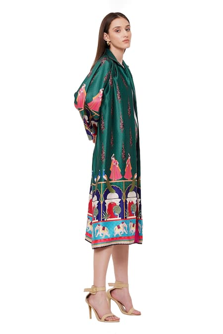 Shop_Limerick By Abirr N' Nanki_Green Habutai Silk Floral, Moroccan Open Valentia Print Jacket _Online_at_Aza_Fashions