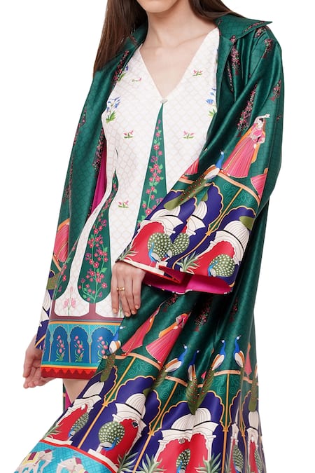 Limerick By Abirr N' Nanki_Green Habutai Silk Floral, Moroccan Open Valentia Print Jacket _at_Aza_Fashions