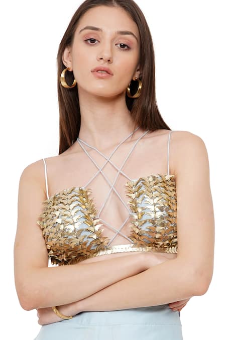 Buy_Limerick By Abirr N' Nanki_Gold Silk Butterfly V Neck Valentia Embroidered Bustier_Online_at_Aza_Fashions