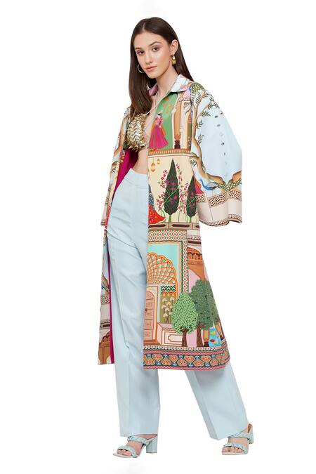 Shop_Limerick By Abirr N' Nanki_Multi Color Crepe Figurine, Tree Collared Neck Valentia Printed Jacket _Online_at_Aza_Fashions