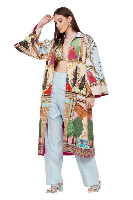 Limerick By Abirr N' Nanki_Multi Color Crepe Figurine, Tree Collared Neck Valentia Printed Jacket _at_Aza_Fashions