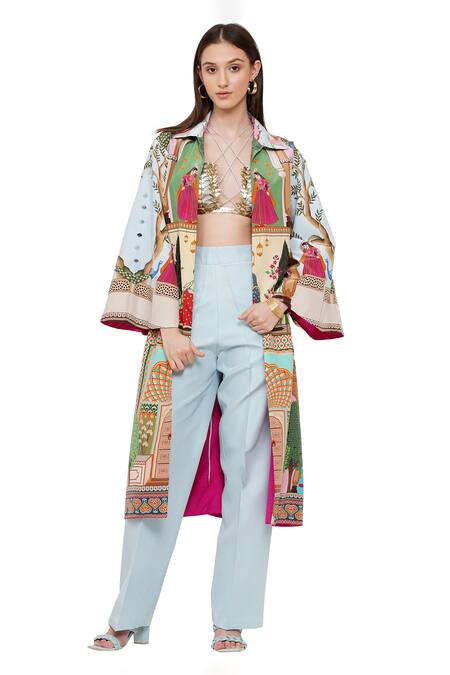 Limerick By Abirr N' Nanki_Multi Color Crepe Figurine, Tree Collared Neck Valentia Printed Jacket _Online_at_Aza_Fashions