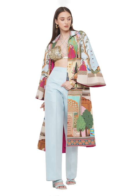 Buy_Limerick By Abirr N' Nanki_Multi Color Crepe Figurine, Tree Collared Neck Valentia Printed Jacket _Online_at_Aza_Fashions
