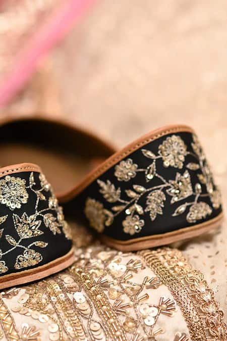 Coral Haze_Black Valerie Sequin Embroidered Juttis _Online_at_Aza_Fashions