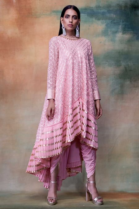 Vvani by Vani Vats Pink Kurta Georgettedhoti Crepe Round Embroidered Dhoti Set  