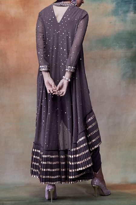 Shop_Vvani By Vani Vats_Grey Kurta Georgette Dhoti Crepe Round Embroidered And Pant Set  _at_Aza_Fashions