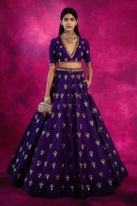 Buy_Vvani By Vani Vats_Purple Raw Silk Embroidered Lehenga Set _Online_at_Aza_Fashions