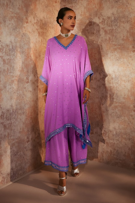 Vvani By Vani Vats Mauve Scallop Border Kaftan & Palazzo Set 