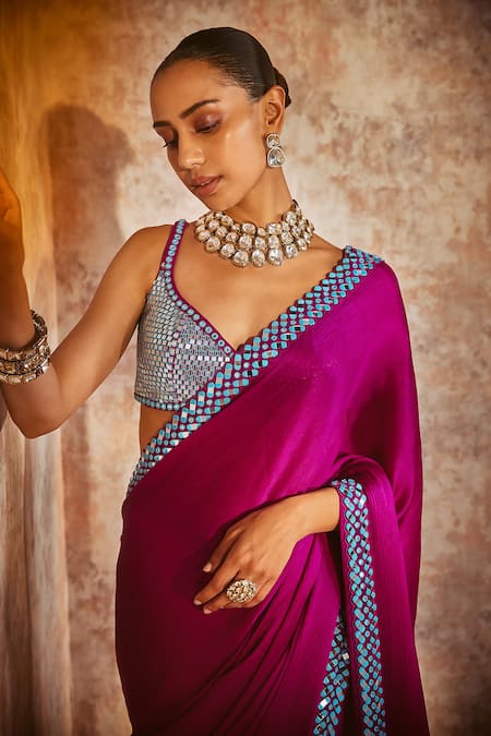 Vvani By Vani Vats_Wine Satin, Chiffon, Georgette Mirrors, Sequins Saree With Embellished Blouse _at_Aza_Fashions