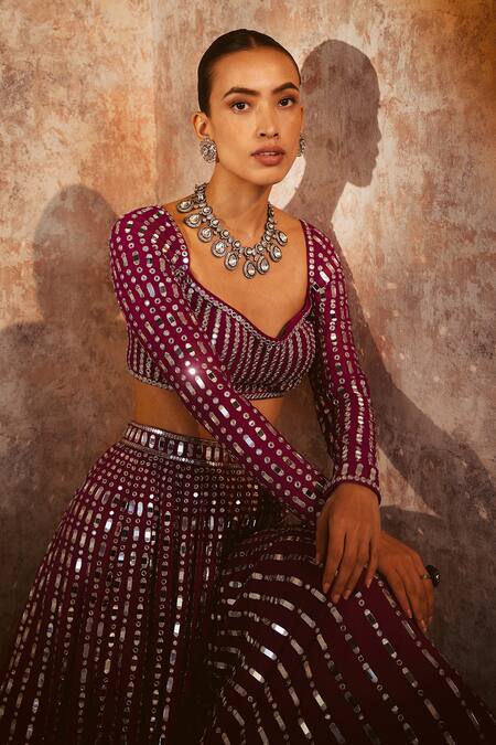 Vvani By Vani Vats Wine Georgette, Satin, Organza Mirrors Linear Drop Embellished Lehenga Set Online at Aza Fashions Vvani By Vani Vats_Wine Georgette, Satin, Organza Mirrors Linear Drop Embellished Lehenga Set _Online_at_Aza_Fashions