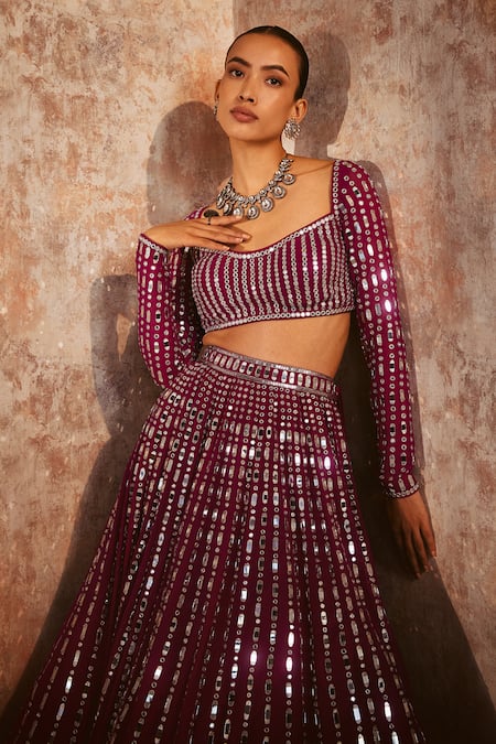 Buy Vvani By Vani Vats Wine Georgette, Satin, Organza Mirrors Linear Drop Embellished Lehenga Set Online at Aza Fashions Buy_Vvani By Vani Vats_Wine Georgette, Satin, Organza Mirrors Linear Drop Embellished Lehenga Set _Online_at_Aza_Fashions
