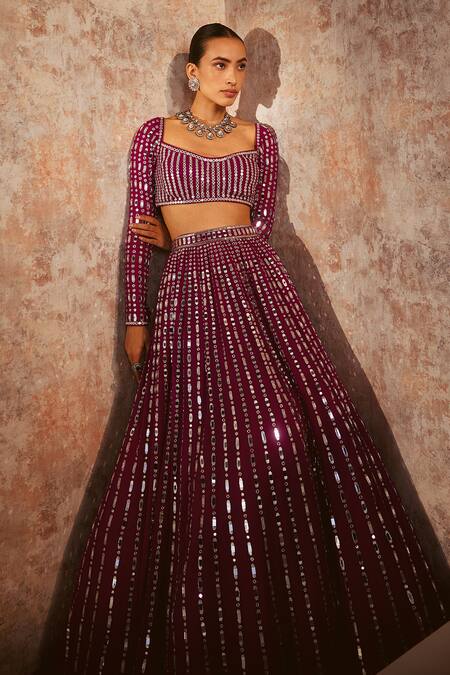 Shop Vvani By Vani Vats Wine Georgette, Satin, Organza Mirrors Linear Drop Embellished Lehenga Set Online at Aza Fashions Shop_Vvani By Vani Vats_Wine Georgette, Satin, Organza Mirrors Linear Drop Embellished Lehenga Set _Online_at_Aza_Fashions