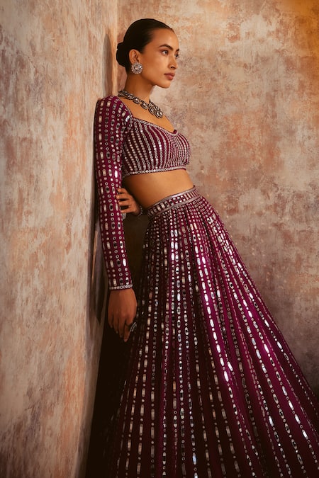 Vvani By Vani Vats Wine Georgette, Satin, Organza Mirrors Linear Drop Embellished Lehenga Set at Aza Fashions Vvani By Vani Vats_Wine Georgette, Satin, Organza Mirrors Linear Drop Embellished Lehenga Set _at_Aza_Fashions