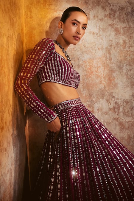 Buy Vvani By Vani Vats Wine Georgette, Satin, Organza Mirrors Linear Drop Embellished Lehenga Set Buy_Vvani By Vani Vats_Wine Georgette, Satin, Organza Mirrors Linear Drop Embellished Lehenga Set