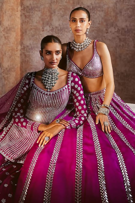 Buy_Vvani By Vani Vats_Wine Georgette, Satin, Organza Linear Pattern Embroidered Bridal Lehenga Set 