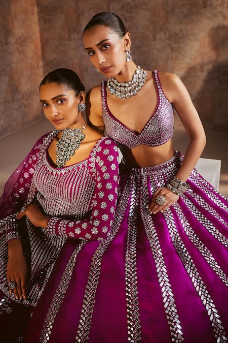 Shop_Vvani By Vani Vats_Wine Georgette, Satin, Organza Linear Pattern Embroidered Bridal Lehenga Set 