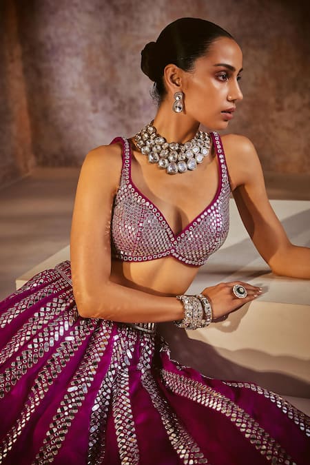 Shop_Vvani By Vani Vats_Wine Georgette, Satin, Organza Linear Pattern Embroidered Bridal Lehenga Set _Online_at_Aza_Fashions