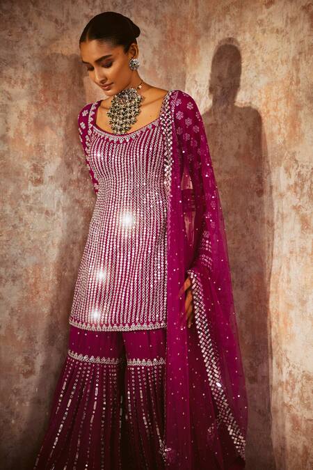 Vvani By Vani Vats Wine Georgette, Net Embroidery, Mirrors Scoop Neck Straight Kurta Sharara Set Online at Aza Fashions Vvani By Vani Vats_Wine Georgette, Net Embroidery, Mirrors Scoop Neck Straight Kurta Sharara Set _Online_at_Aza_Fashions