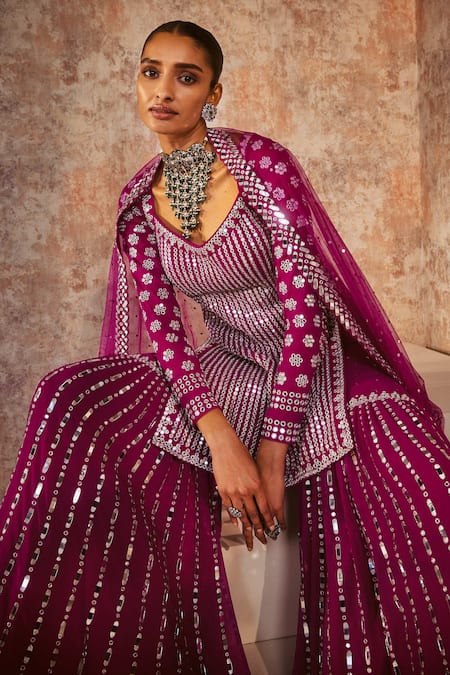 Shop Vvani By Vani Vats Wine Georgette, Net Embroidery, Mirrors Scoop Neck Straight Kurta Sharara Set Online at Aza Fashions Shop_Vvani By Vani Vats_Wine Georgette, Net Embroidery, Mirrors Scoop Neck Straight Kurta Sharara Set _Online_at_Aza_Fashions