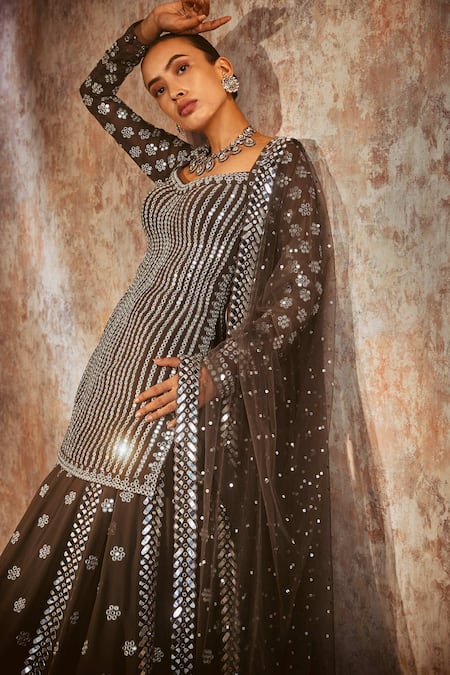 Buy Vvani By Vani Vats Grey Georgette, Net Embroidery, Mirrors Square Neck Kurta Lehenga Set Buy_Vvani By Vani Vats_Grey Georgette, Net Embroidery, Mirrors Square Neck Kurta Lehenga Set