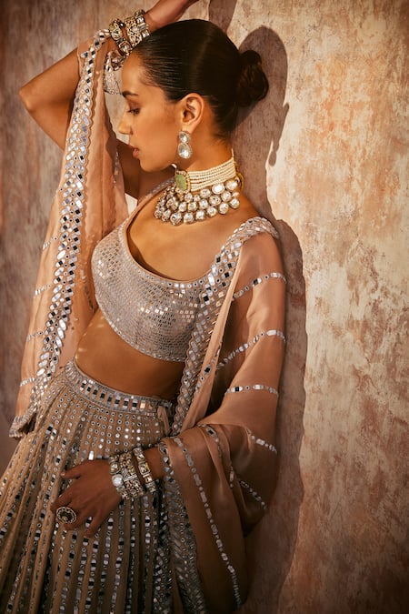 Shop Vvani By Vani Vats Beige Georgette, Satin, Organza Linear Pattern Embellished Bridal Lehenga Set Online at Aza Fashions Shop_Vvani By Vani Vats_Beige Georgette, Satin, Organza Linear Pattern Embellished Bridal Lehenga Set _Online_at_Aza_Fashions