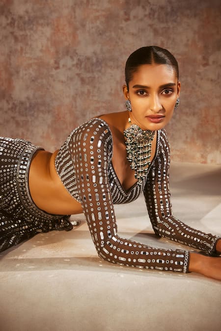 Shop Vvani By Vani Vats Grey Georgette, Satin, Organza Mirrors V-neck Work Lehenga Set Online at Aza Fashions Shop_Vvani By Vani Vats_Grey Georgette, Satin, Organza Mirrors V-neck Work Lehenga Set _Online_at_Aza_Fashions