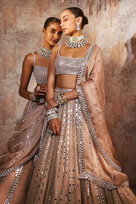Buy_Vvani By Vani Vats_Beige Satin, Georgette, Organza Mirrors Pastel Embellished Bridal Lehenga Set _Online_at_Aza_Fashions