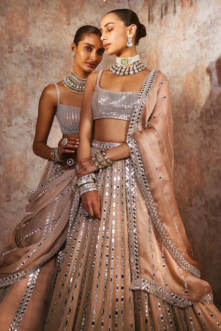 Shop Vvani By Vani Vats Beige Georgette, Satin, Organza Linear Pattern Embellished Bridal Lehenga Set Shop_Vvani By Vani Vats_Beige Georgette, Satin, Organza Linear Pattern Embellished Bridal Lehenga Set