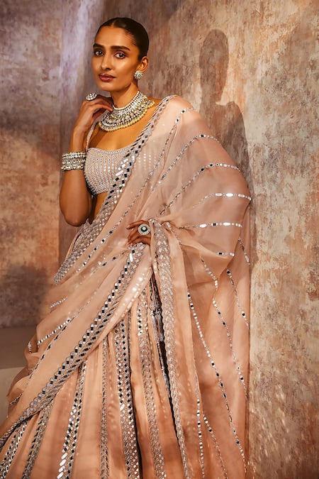 Vvani By Vani Vats_Beige Satin, Georgette, Organza Mirrors Pastel Embellished Bridal Lehenga Set _at_Aza_Fashions