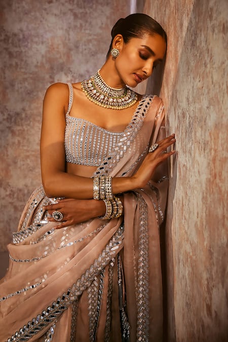 Buy_Vvani By Vani Vats_Beige Satin, Georgette, Organza Mirrors Pastel Embellished Bridal Lehenga Set 