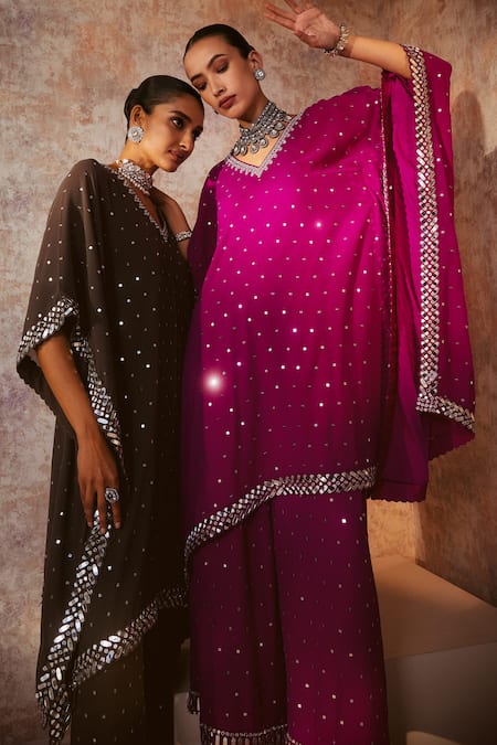 Buy Vvani By Vani Vats Gray V-neck Mirror And Chheeta Work Kaftan Set Buy_Vvani By Vani Vats_Gray V-neck Mirror And Chheeta Work Kaftan Set