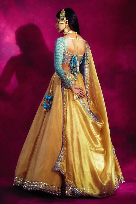Shop Vvani By Vani Vats Gold Blouse Georgette Lehenga And Dupatta Tissue Embroidered Bridal Set at Aza Fashions Shop_Vvani By Vani Vats_Gold Blouse Georgette Lehenga And Dupatta Tissue Embroidered Bridal Set_at_Aza_Fashions