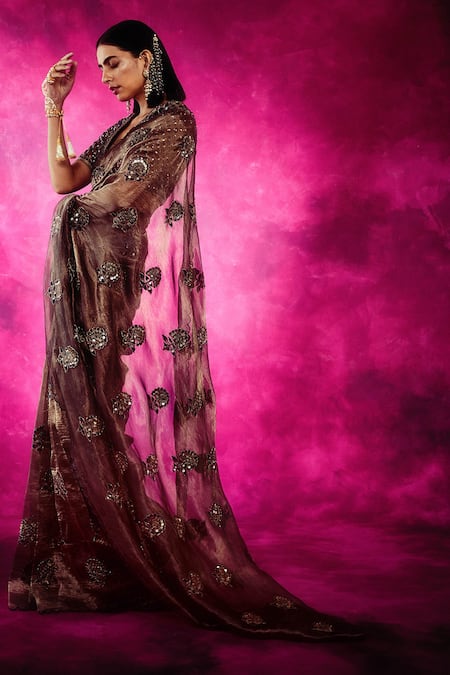 Shop_Vvani By Vani Vats_Brown Tissue Embroidered Saree With Blouse _at_Aza_Fashions