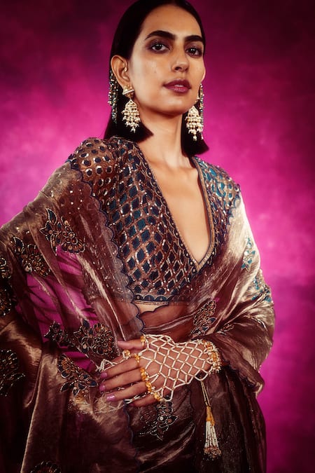 Vvani By Vani Vats_Brown Tissue Embroidered Saree With Blouse _Online_at_Aza_Fashions