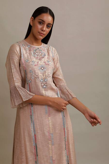 Buy_Varq By Varun Nidhika_Beige Cotton Silk Embroidered Tunic_Online_at_Aza_Fashions