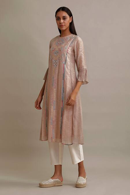 Varq By Varun Nidhika_Beige Cotton Silk Embroidered Tunic_Online_at_Aza_Fashions