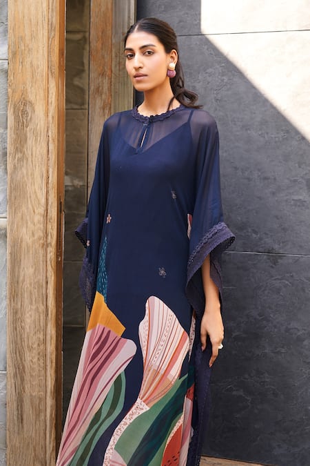 Buy_Varun Bahl_Blue Georgette Lace Crew Neck Abstract Pattern Long Kaftan _Online_at_Aza_Fashions