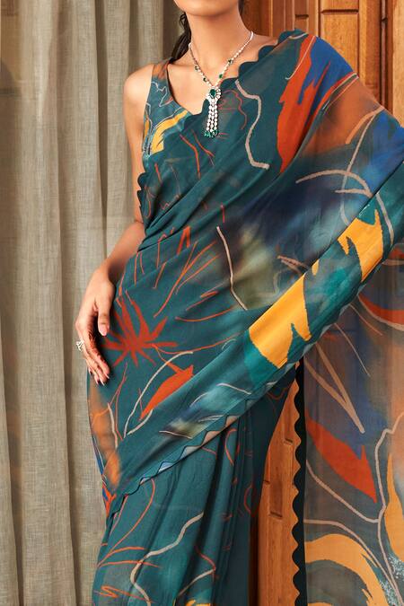 Varun Bahl_Green Saree  Georgette Printed Summer Flower Pattern_Online_at_Aza_Fashions