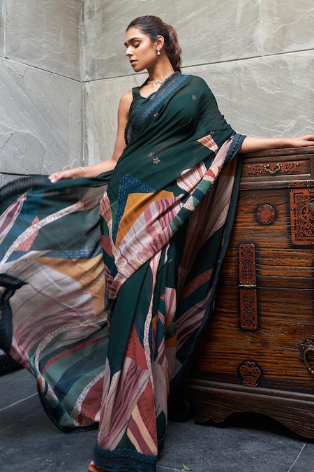 Shop_Varun Bahl_Green Saree  Georgette Printed Abstract Garden _Online_at_Aza_Fashions