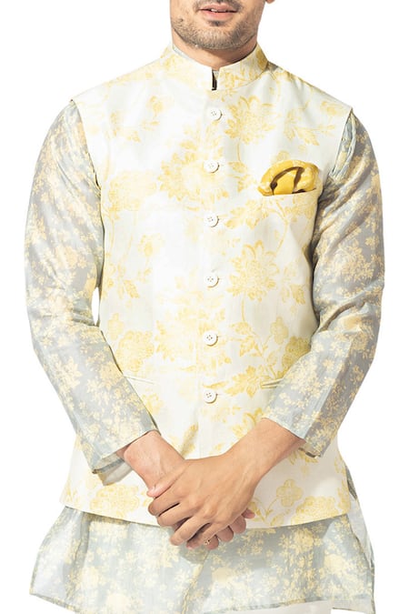 Buy_Varun Bahl_Blue Chanderi Printed Bundi Set_Online_at_Aza_Fashions