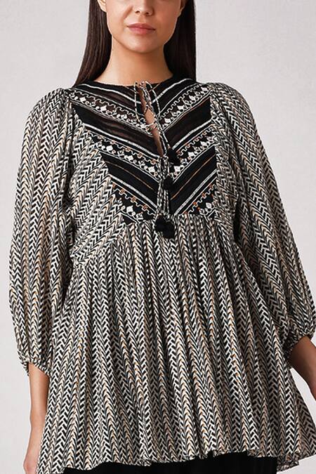 Shop_Varq By Varun Nidhika_Black Chevron Print Top_Online_at_Aza_Fashions